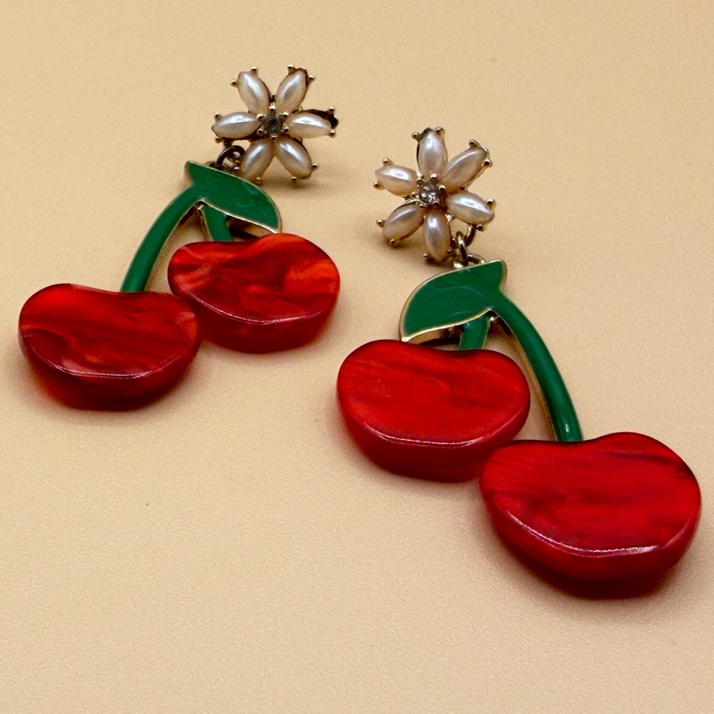 Red Cherry Dangle Earrings Pearl Flower Green Enamel Coquette Statement Gift - Picture 6 of 15